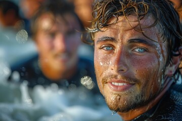 Close-up of a handsome man with water droplets on his face after water rafting
