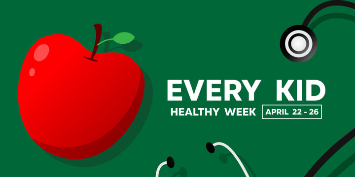 Every Kid Healthy Week. Apple and stethoscope. Great for cards, banners, posters, social media and more. Green background.