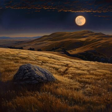 Harvest moon illuminates a rugged landscape