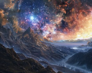 Fototapeta premium Infinite stars above a rugged landscape