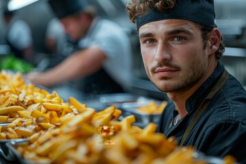 An intense young chef holds a tray of freshly cooked golden fries, demonstrating kitchen professionalism