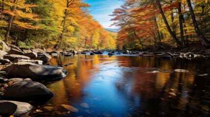 Peaceful river and fall foliage in autumn colors