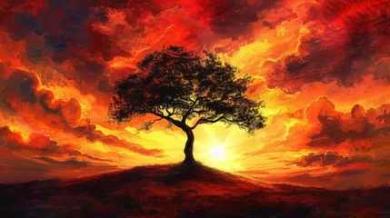 Behangcirkel Lone tree stands against a vibrant sunset © WARIT_S