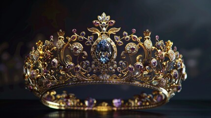 Create a regal depiction of a majestic crown, presenting an opulent display of gold and gemstones that radiate royalty and grandeur