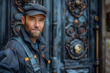 Fototapeta na wymiar A rugged man with a cap poses in front of an ornate door, exuding confidence