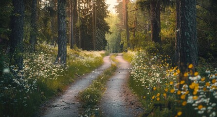 Winding country road flanked by blooming wildflowers and towering trees, leading to an unseen, serene destination. - obrazy, fototapety, plakaty