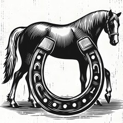 vintage illustration of horse and horseshoe - obrazy, fototapety, plakaty