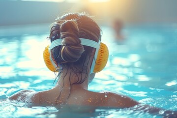A woman is captured from behind, submerged in a pool, relaxing with waterproof headphones