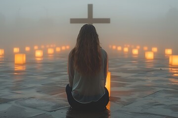 a woman in a room praying in front of a wooden cross