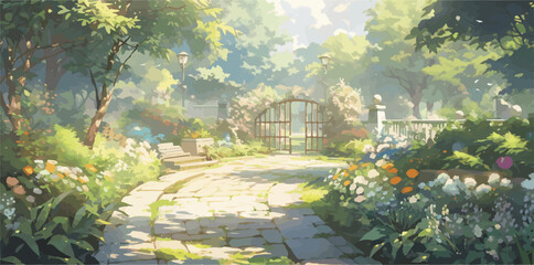 Anime scene Tranquil Garden Pathway with Blooming Flowers