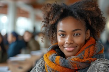 A portrait of a smiling young woman in a scarf and sweater comfortable indoors - obrazy, fototapety, plakaty
