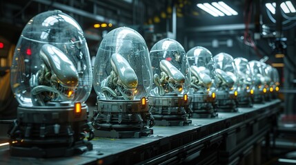 A line of translucent glass eggs with xenomorph creatures