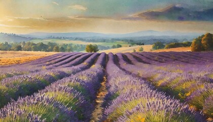 Beautiful blooming lavender flower fields landscape. 
Pastel colours, golden sunset light. 
