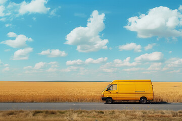 a yellow van on the road near a wheat field