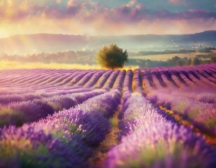Beautiful blooming lavender flower fields landscape. 
Pastel colours, golden sunset light. 
