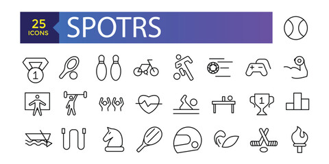 Collection of sports vector line icons. Icons of active lifestyle, hobbies, sports equipment and clothing.