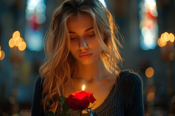 A deeply contemplative looking woman gently holds a candlelit rose in a church setting, surrounded by warm light
