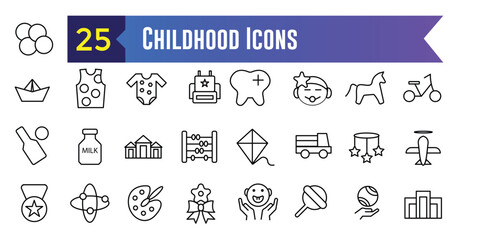 Childhood activity icons set outline vector. Kids development icon for ui design isolated. Outline icon collection. Editable stroke.