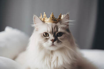 Fluffy beige cat wearing golden crown on her head, laying on the bed. Fashion beauty for pets. Royal pleasure.