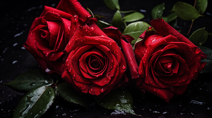 Bouquet de belles roses rouges sur un fond noir. Gros plan zoom. Fleurs, plantes, nature. Goutte d'eau. Passion et amour. Pour conception et création graphique. 