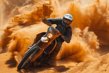 The image captures a racer on an orange bike maneuvering through the sand dunes of a desert