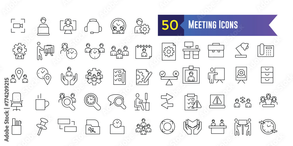 Poster meeting icons set. outline set of online meeting vector icons for ui design. outline icon collection