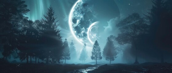 Moons in alignment casting silvery beams over a dark forest, path leading to the glowing aurora beyond Mystical night - obrazy, fototapety, plakaty
