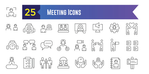 Fototapeta na wymiar Meeting icons set. Outline set of online meeting vector icons for ui design. Outline icon collection. Editable stroke.