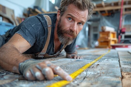 Close-up of a focused craftsman with marked planks on a workbench, highlighting his expertise