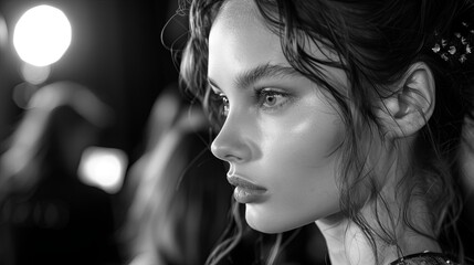 shot of a model backstage, the chaos of preparation contrasted with their calm poise, offering a glimpse into the unseen world of fashion