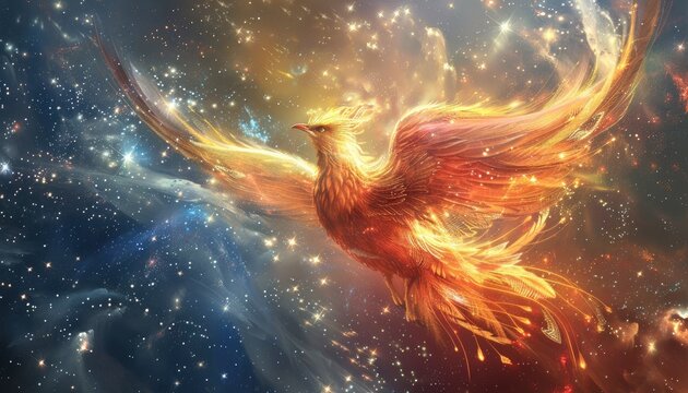 A fiery bird is flying through a cloudy sky by AI generated image