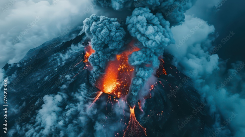 Aufkleber erupting volcano aerial view created with generative ai