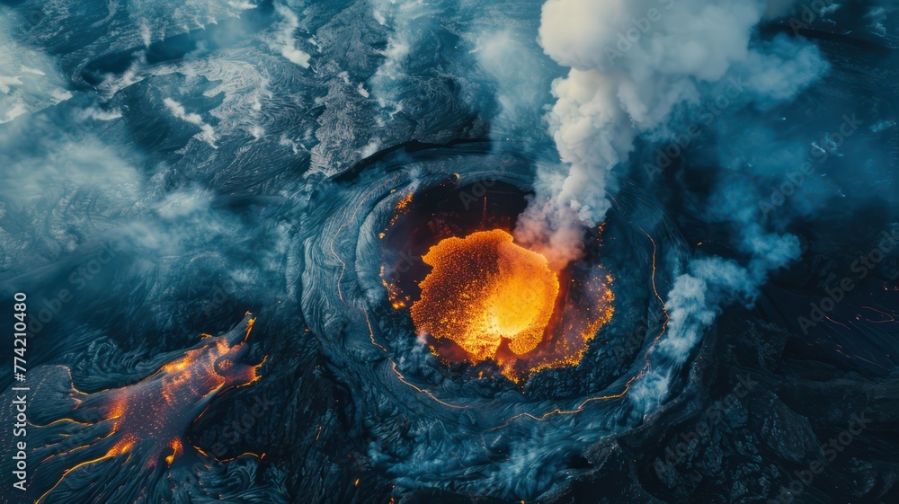 Poster erupting volcano aerial view created with generative ai