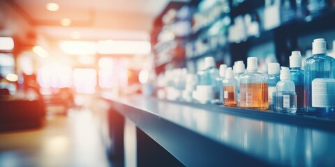 A pharmacy store with medicine standing on the shelves, blurred background