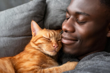 A black man sleep with his ginger cat.