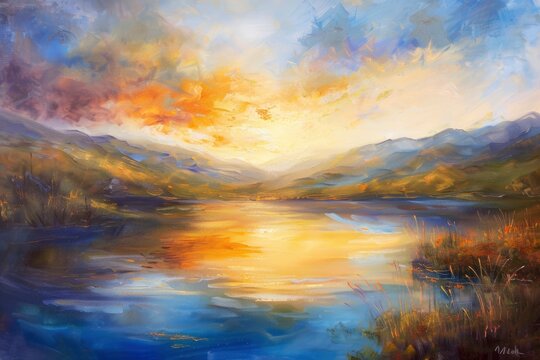 A painting of a lake with mountains and gold sunshine in the background