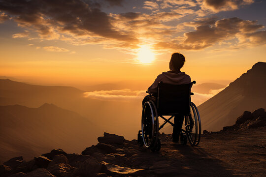 Image of wheelchair user appreciating beautiful landscape adventure and exploration regardless of disability generative AI