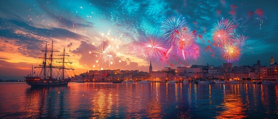 Watercolor bustling city port