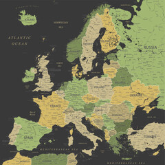 Europe - Highly Detailed Vector Map of the Europe. Ideally for the Print Posters. Green Black Yellow Golden Colors - obrazy, fototapety, plakaty