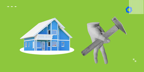 Renovation, construction of house concept. Hand with hammer and blue small building on green background. Minimalist art collage