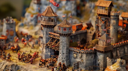 Siege of Stronghold. Catapults and Siege Towers Engaged in Desperate Assault Castle - obrazy, fototapety, plakaty