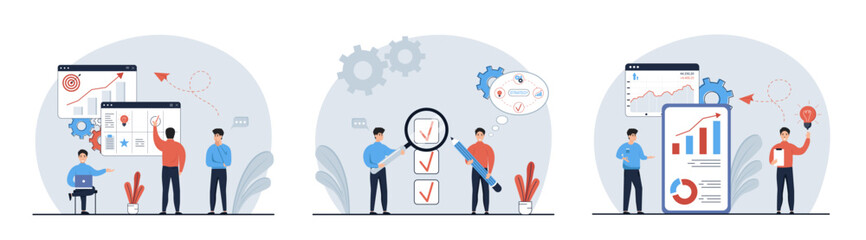 Strategic planning mega set. Bundle of scenes people analyze data statistics, create development plan, improving strategy, create new ideas and promote them. Vector illustrations