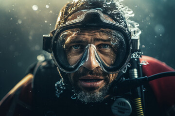 Scuba deep sea diver swimming in a deep ocean cavern ai generative
