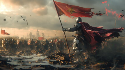 Heroic Knight Raising Banner Amidst Battlefield Chaos. Valor Amidst Chaos