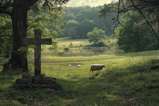 This tranquil image captures a sheep moving gracefully through a sun-kissed field, with a wooden cross standing in the distance, symbolizing peace and harmony in the heart of the countryside.
