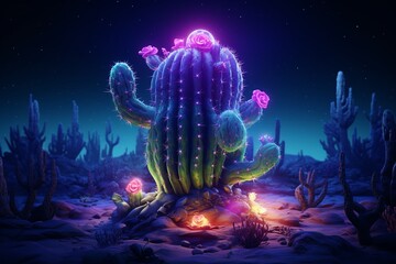 Cactus transforming demonic aura under a full moon highcontrast lighting dramatic angle - obrazy, fototapety, plakaty
