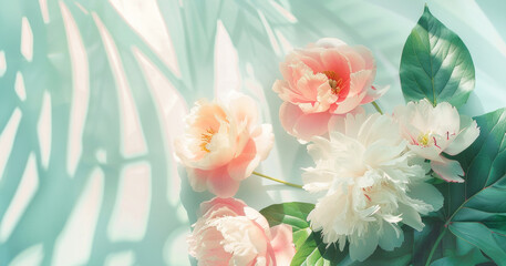 Beautiful romantic illustration of Philodendron, Peonies on light background. Modern banner.