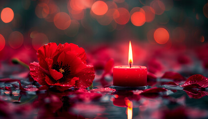 Red candle with flame surrounded by red petals and bokeh lights, concept for the International Day of Remembrance and Tribute to the Victims of Terrorism