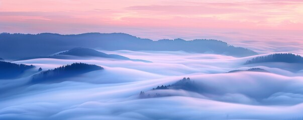 Waves of fog roll over hills at dawn - obrazy, fototapety, plakaty