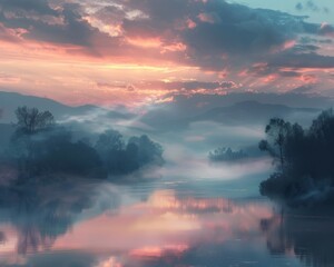 Fototapeta na wymiar Wisps of fog dance over a river at dawn